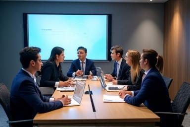 Business people in a meeting setting for corporate travel planning